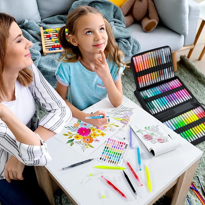 KALOUR 72 Art Markers Pens Set, Dual Tip Brush and Fine Point, Color Number and Name, Zipper Case, Adult Coloring, Lettering, Drawing