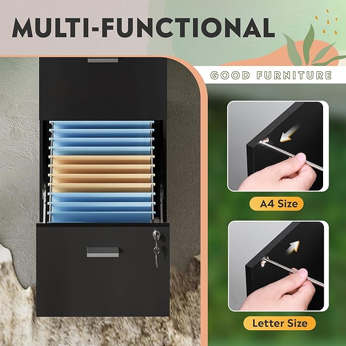 DEVAISE 4 Drawer File Cabinet with Lock, Vertical Filing Cabinet for A4/Letter Size Files, Wood Storage Organizer for Home Office, Black