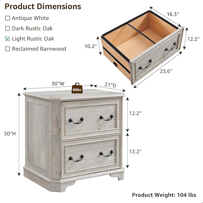 T4TREAM 2 Drawer File Cabinet-30 Wide Wooden Extended Desktop, Farmhouse Filing Cabinet with Smooth Rails, Holds Letter/Legal/A4, Hexagonal Design & Framed Drawer Fronts, Light Rustic Oak