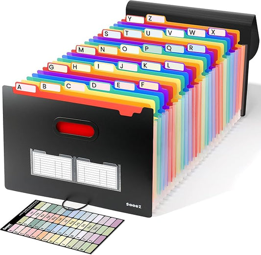 Sooez 26-Pocket Accordion File Organizer, Upgraded Expanding File Folder with Unobstructed A-Z Tabs, Premium Bill Tax Receipt Document Organizer Storage for Letter/A4 Size Paper, School Office & Home