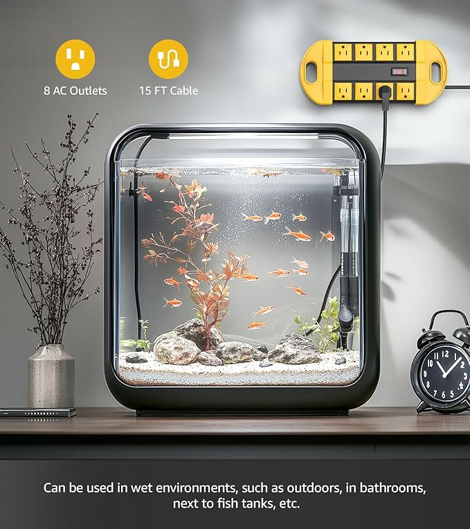 CCCEI 2 Outdoor Power Strips Weatherproof with 8 Plug, Waterproof Extension Cord with Multiple Outlets, Christmas Exterior Garden Yard Surge Protector 15FT, Yellow.