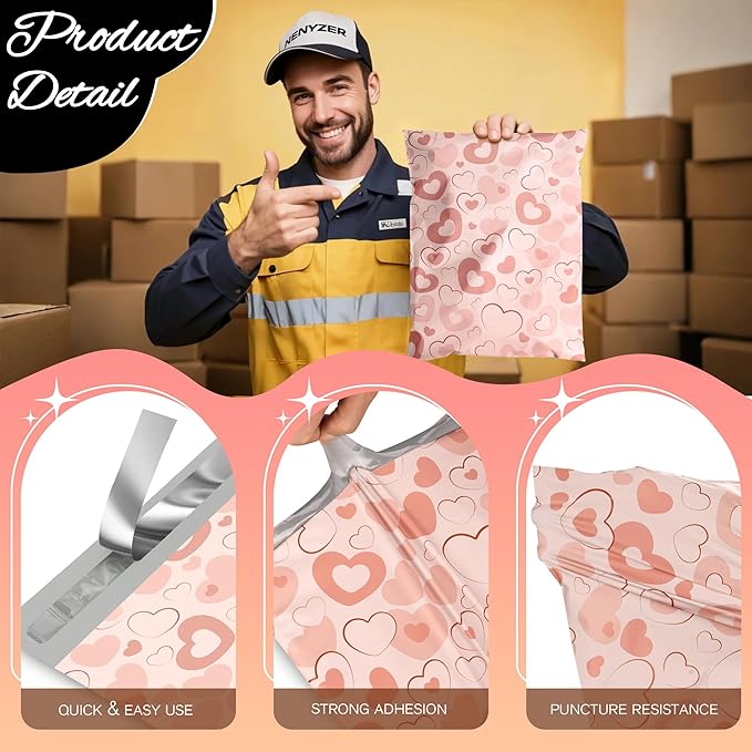 Pink Heart Poly Mailer 10x13 Inch 25 Pcs, Waterproof Shipping Bags for Clothing, Tear-Resistant Mailier Bags, Strong Mailing Bags with Self-Seal