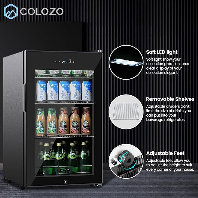 17 Inch Black Beverage Refrigerator Cooler, 96 Cans Mini Fridge with Glass Door&Lock, Beer Fridge for Soda Water or Wine, Drink Refrigerator for Home Office Bar Bedroom