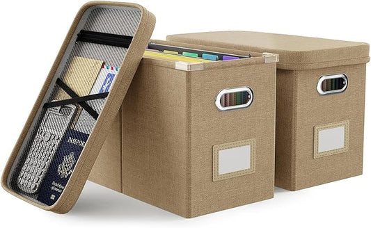 Oterri Hanging Filing File Box with Mesh Pocket, File Organizer Box with Lid, Collapsible Document Organizer Box for Letter Size, Easy Slide Durable Storage Box for Office/Decor/Home (2 PCS, Khaki)
