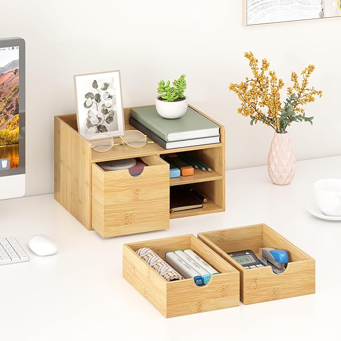 Desk Organizer with Drawers - Bamboo Desktop Organizer Storage | Wood Desk Drawers Organizer for Bills, Office Supplies, Cosmetics, Seals No Assembly Required (3 Drawer with Big Drawer)