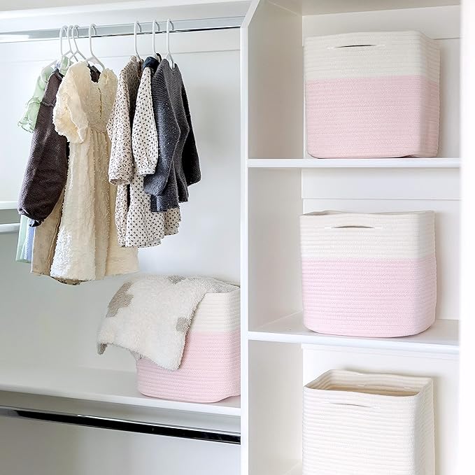 NaturalCozy Storage Cubes 11 Inch Cotton Rope Woven Baskets for Organizing, 3-Pack | Cube Storage Bin | Square Storage Baskets for Shelves Organizer, Classroom, Kids Toy Bins, Closet, Baby Nursery