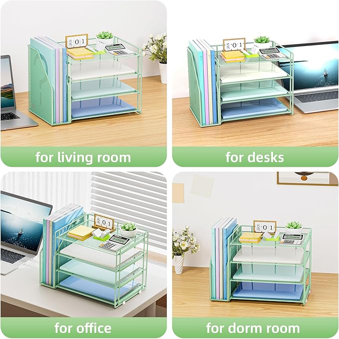Marbrasse Desk Organizer and Accessories,4-Tier Paper Letter Tray Organizer with File Holder,Desk Accessories & Workspace Desktop Organizers for School Home Office Supplies (Green)