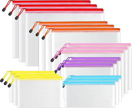 SUNEE Multisize Plastic Zipper Pouches (6 Colors, 18 Packs), Water-Resistant Zip Bag for School Office Supplies, Puzzles & Games Organizing Storage