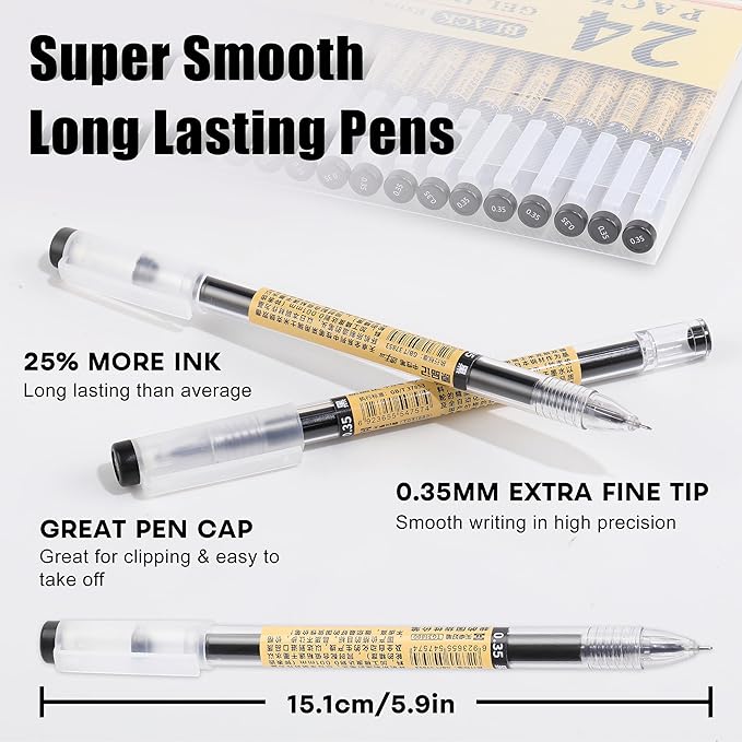 RIANCY Black Blue Red Gel Ink Pens, 0.35mm Extra Fine Point Smooth Writing Rollerball Pens, Japanese Style No Smudge Ballpoint Pen, Quick Drying for Journaling Office School Stationery Supplies 24Pcs