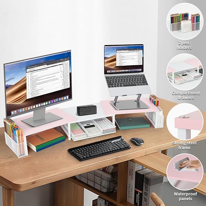 Desk Dual Monitor Stand Riser - Desk Organizer with Drawer and Pen Holders, Office Desk Accessories & Workspace Organization, Computer Monitor Stand for Laptop, Printer(Pink& White)