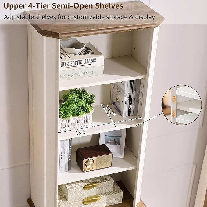 T4TREAM 6-Tier Bookshelf with Storage, 72" Tall Farmhouse Bookcase with Doors and Adjustable Shelves, Wooden Floor Standing Display Book Shelf Organizer for Home Office, Antique White