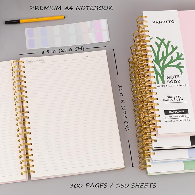 Hardcover Spiral Notebook, 8.5 x 11 IN Notebooks College Ruled, 110 GSM Thick Lined Paper Notebooks for Work, School and Travel, 300 Pages Journals for Writing, Large Journal for Women New Black