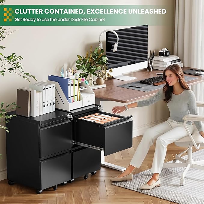 2 Drawer Metal File Cabinet with Lock, Rolling File Cabinets with Lock for A4/Legal/Letter Size, Under Desk Filing Cabinet for Home Office Assembly Required(Black)