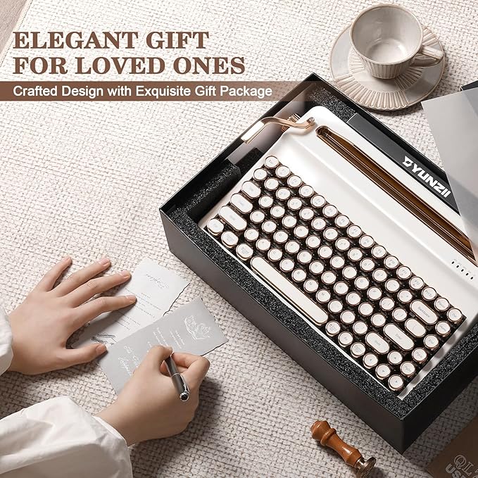 YUNZII QL75 Wireless Typewriter Hot Swap Retro Mechanical Keyboard,Punk Round Keycaps,RGB Backlit QMK/VIA Programmable, Multi-Device Keyboard with 2.4GHz/Type-C/BT5.0 (White, Cocoa Cream V2 Switch)