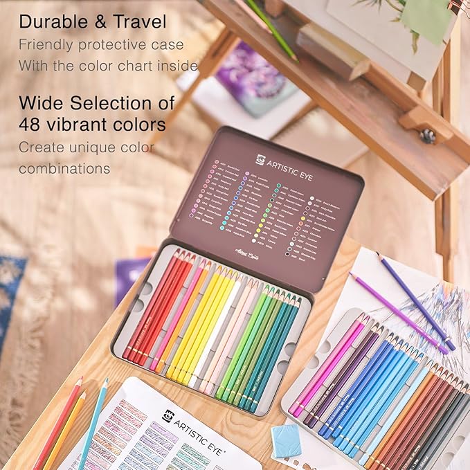 ARTISTIC EYE Premium Colored Pencils | Set of 48, Quality 3.8mm Soft Core Leads, Rich & Vibrant Colors, Blendable, Perfect for Beginner & Advanced Artists