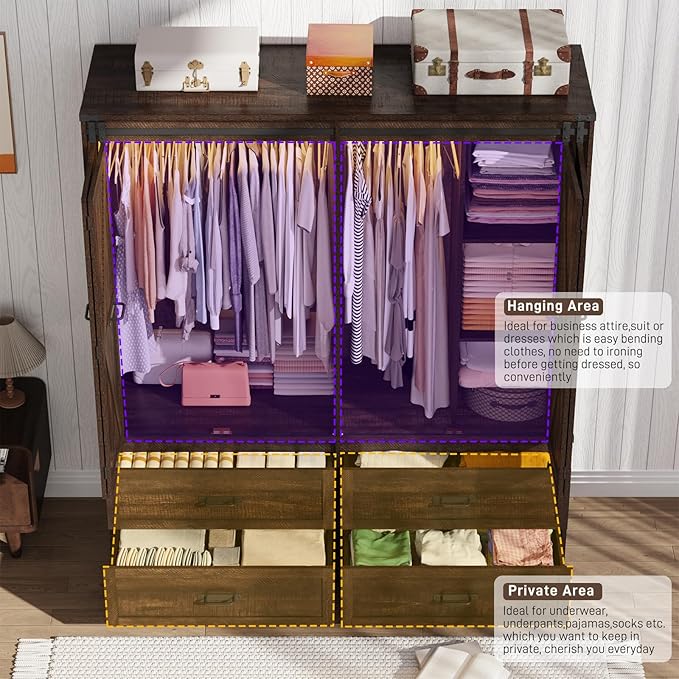 Farmhouse 4 Doors Armoire Wardrobe Closet w/Folding Sliding Barn Door and Lights, LED Armoire Closet w/Drawers for Bedroom, Freestanding Wooden Wardrobe Storage Closets w/Hanging Rod,Rustic Brown