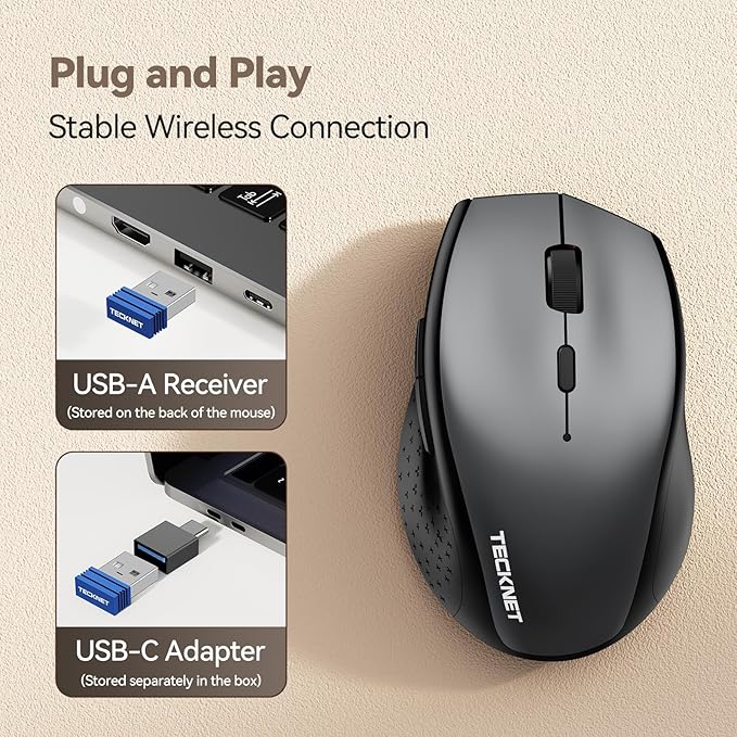 TECKNET Wireless Mouse Jiggler, USB-C Rechargeable Mouse, Silent Mouse Quiet Click, Build-in Mouse Mover, 6400 DPI Ergonomic Mouse, 2.4G Cordless Computer Mice for Mac, Laptop, Desktop, PC