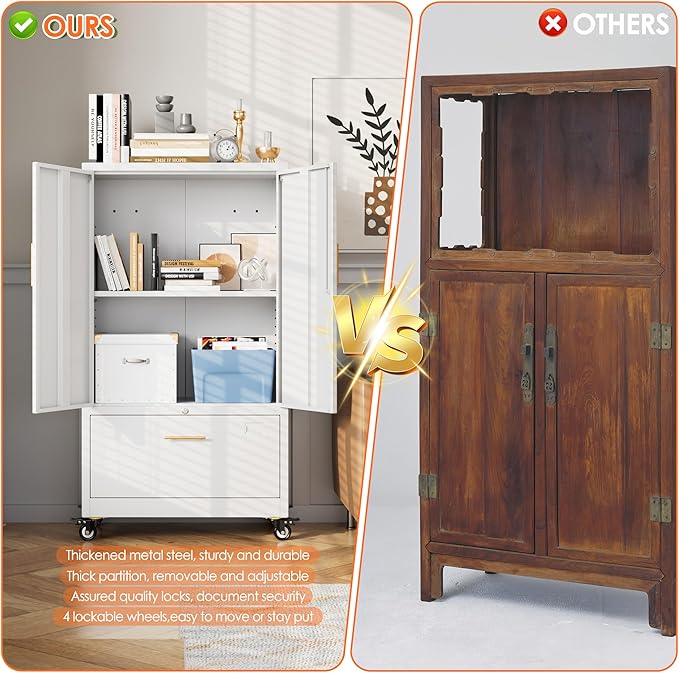 Aobabo Metal 1 Drawer Office File Cabinet with Lock and 2 Doors, Office Steel Files Cabinet with Wheels, Legal/Letter A4 Size, Assembly Required, White