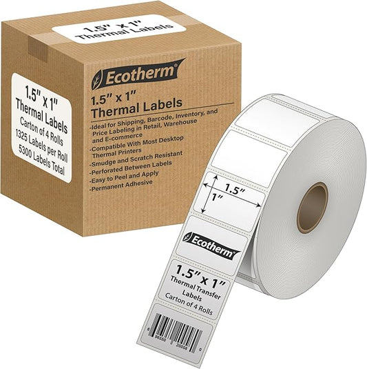 1.5" x 1" Thermal Labels | 4 Rolls | 5300 Labels | fits Zebra, Godex, Arkscan, iDPRT, Offnova Thermal Label Printers and More | Blank White Adhesive Stickers by Ecotherm