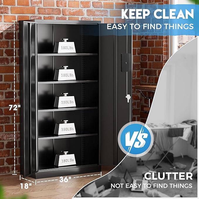 Greenvelly Metal Storage Cabinets 72” Black Garage Steel Storage Cabinet with Doors and Shelves, Metal Tool Cabinet, Steel File Cabinet for Home Office, Basement, Warehouse, Classroom(Anti Tipping)