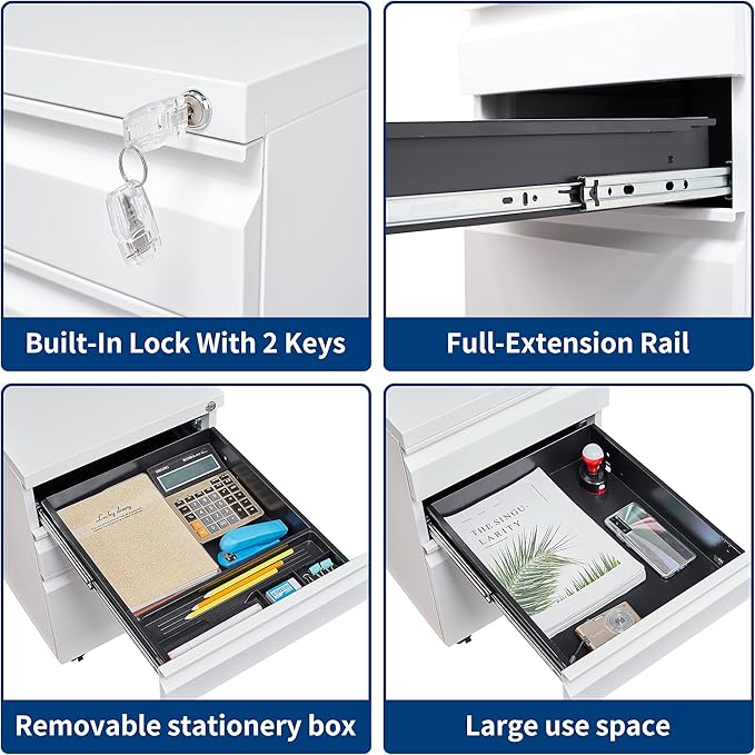 3 Drawers File Cabinet with Lock Metal Vertical File Cabient with Wheels Mobile File Cabinet for Office Home Fully Assembled (White)