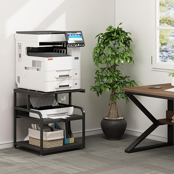 25.6" x 23.6" Extra Large Printer Stand Table with Adjustable Storage Shelf, 3 Tier Rolling Printer Cart with Industrial Wheels for Home Office, Black
