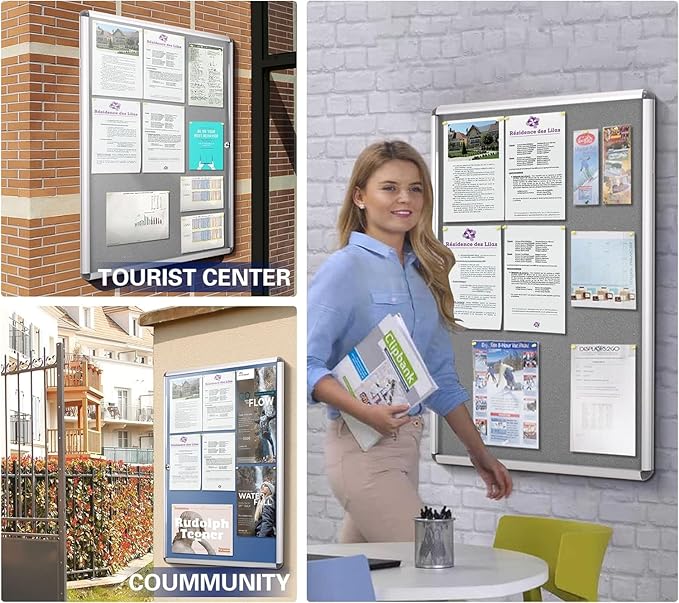 SWANCROWN Pins Bulletin Board Enclosed Lockable Noticeboard Glass Display Case for Home Office School,Blue Fabric,38"x38" (12xA4)