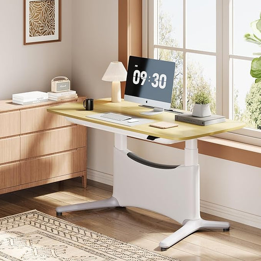 COLAMY Electric Adjustable Standing Desk – 48 x 28 Inch Sit Stand Desk with Drawer & Cable Management, Dual Motor Lift System, Ergonomic Footrest, Home Office Table (MFC Desktop, Light Maple + White)