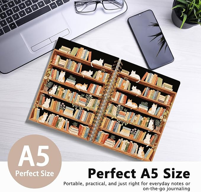 LIANHW Cat Bookshelf Notebook, Books Lover Gifts Notebooks for Note Taking, Reading Journals for Book Lovers, Cute Kitten Bookish Journals for Writing, Book Reader Gifts, 5.5x8.3 Inch