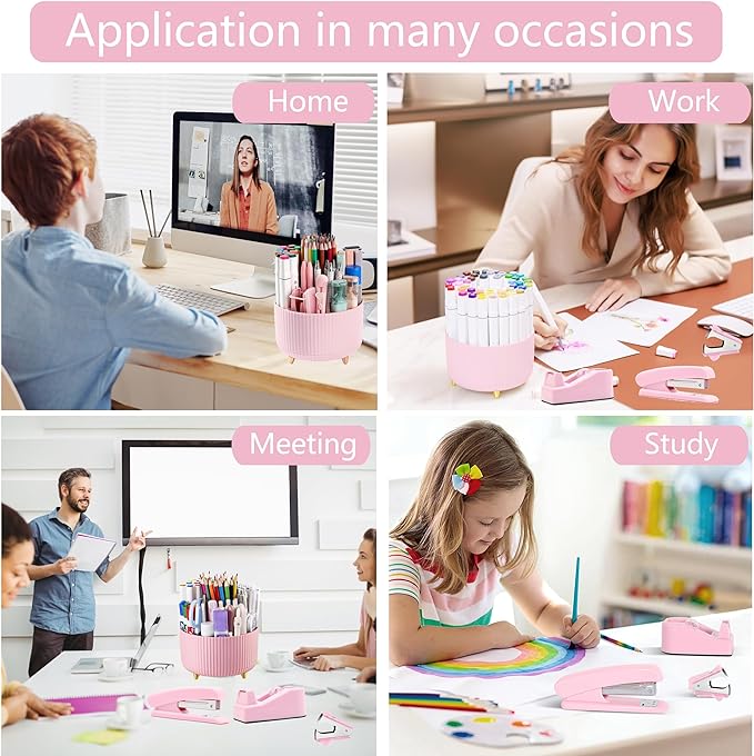 Pink Desk Accessories, Pink Office Supplies 360°Pen Holder Desk Organizers and Accessories with Tape Dispenser, Stapler, Staple Remover, 1000 Staples, Tape, Clips Set, Ruler, Scissor, Pen