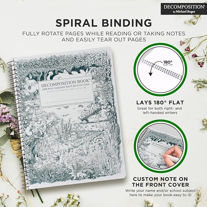 Decomposition 3-Pack Whimsical Garden College Ruled Spiral Notebook - 9.75 x 7.5 Journal, 160 Lined Pages - 100% Recycled Paper - Notebooks for School Supplies, Home & Office - Made in USA