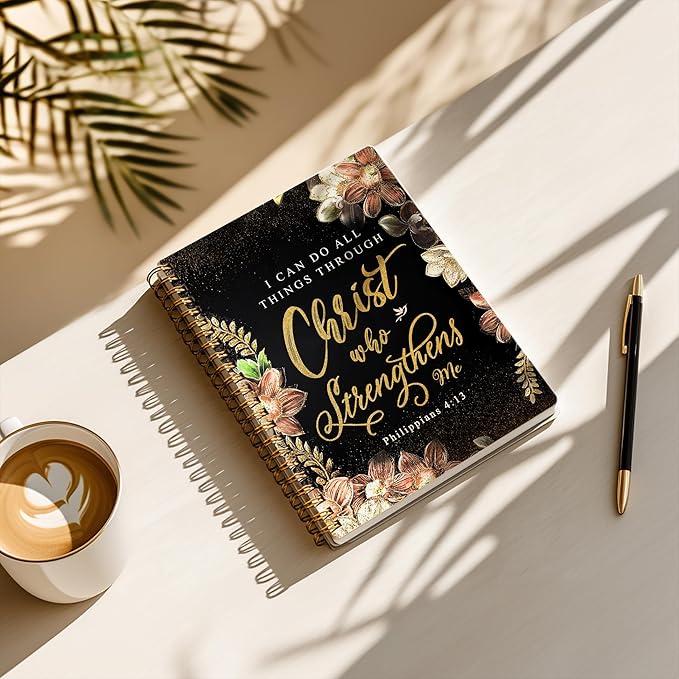 Bible Notebook, A5 Spiral Christian Journal with Floral Notebook, Bible Verse-I Can Do All Things Through Christ Who Strengthens Me, Inspirational Notebooks for Women, Gift for Birthday Christmas