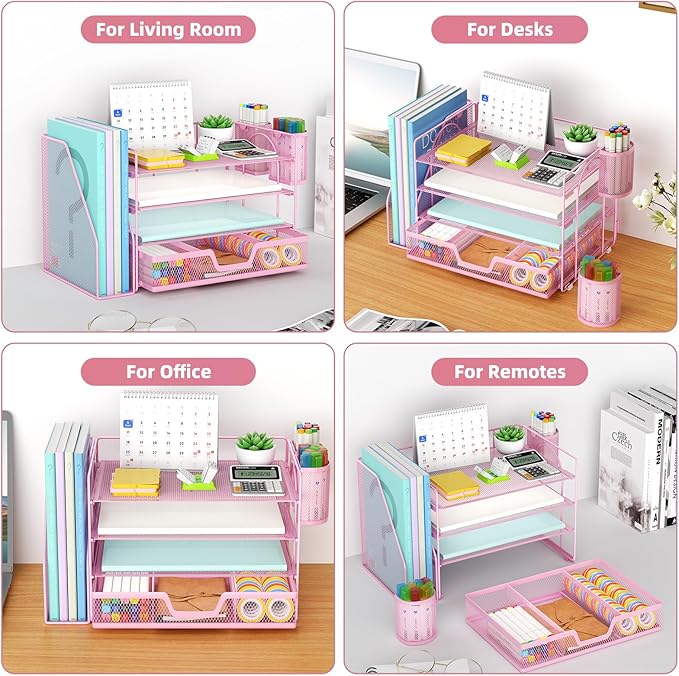 Marbrasse Desk Organizer and Accessories,4-Tier Paper Letter Tray Organizer with File Holder, Workspace Desk Organizers Accessories with Drawer and 2 Pen Holder (Pink, 15.4" x 9.1" x 8.3")