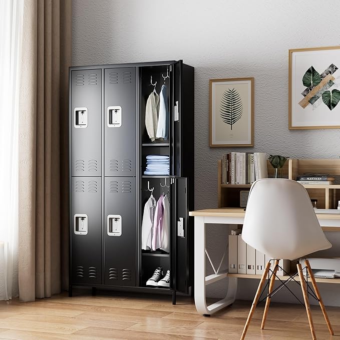 6 Doors Metal Lockers for Employees with Lock, Metal Locker with 18 Hooks for School Garage Office Gym Home,Assembly Required,Black