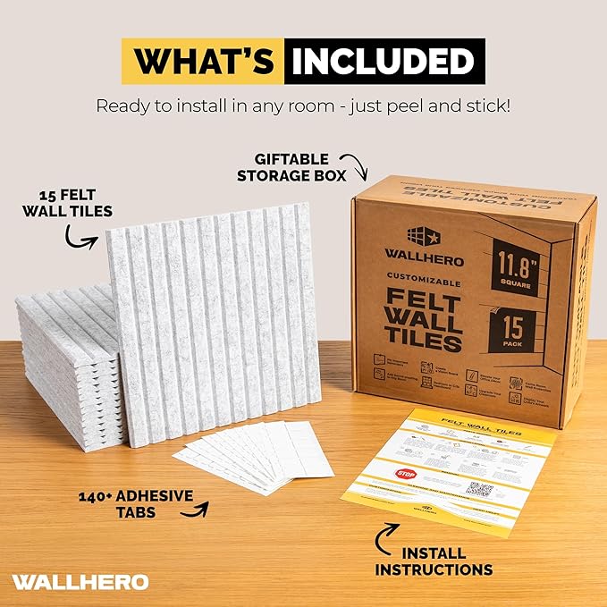 Office Cork Board, 59"x36" | 15 Pack | Felt Tiles for Wall, Tac Board, Large Felt Board, Wall Protector for Dart Board, (Gray Marble Slats)