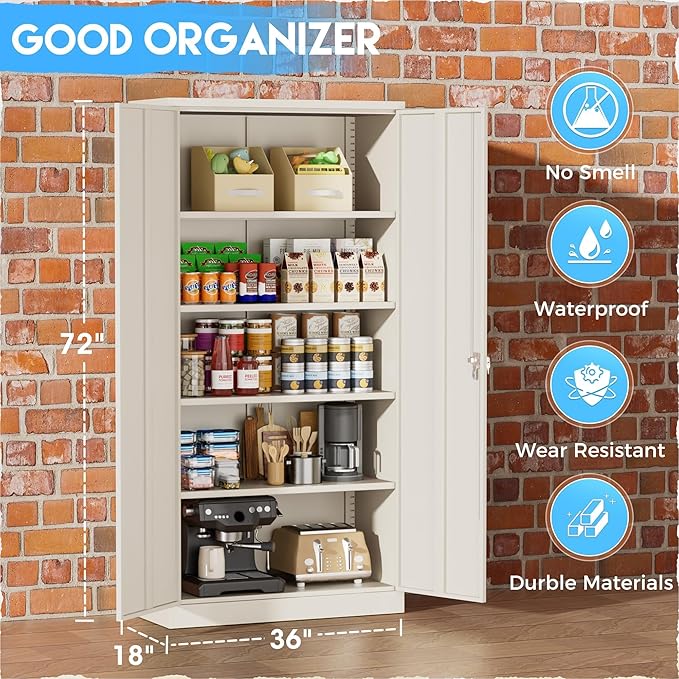 Greenvelly Garage Storage Cabinet,72" Metal Cabinet with 2 Doors and 4 Shelves,Steel File Cabinet for Home Office, Garage, Classroom(Grey 36" X 18")