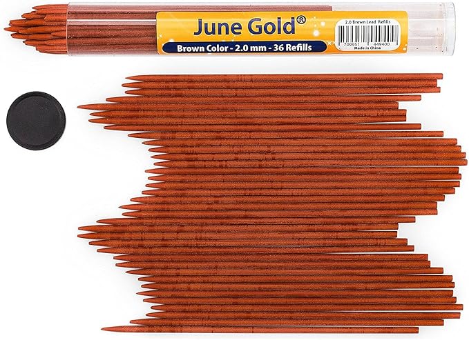 June Gold 36 Brown (Bronze #134) Colored 2.0 mm Lead Refills, Bold Thickness for Heavy Use, Break Resistant with a Convenient Dispenser