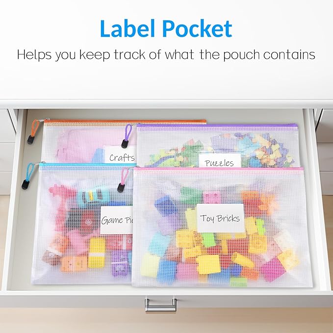 Sooez 14 Pack Mesh Zipper Pouch Bags, A4 Letter Size, Zipper Bags with Label Pocket, Waterproof Pouches for Classroom Organization, Board Game Storage, Document Bag for Teacher School Office Supplies