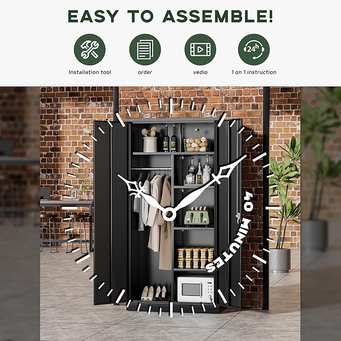 Greenvelly Metal Wardrobe Cabinet with Locking Doors, 72"H Black Metal Wardrobe Closet with Hanging Rods and Adjustable Shelves, Clothing Storage Closet for Home, Office, Employee, Gym (16" D x 32" W)