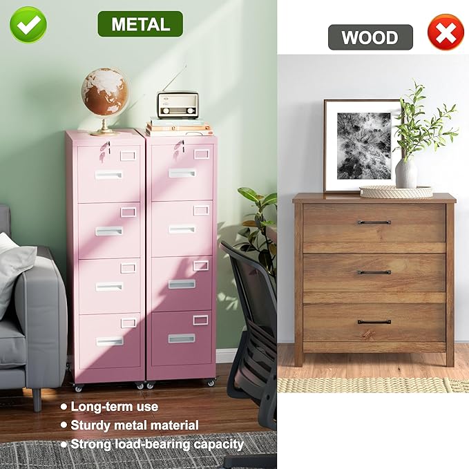 Aobabo File Cabinet 4 Drawer with Wheels, Lockable Office Metal Filing Cabinet with Name Card for Office and Home,Assembly Required,Pink