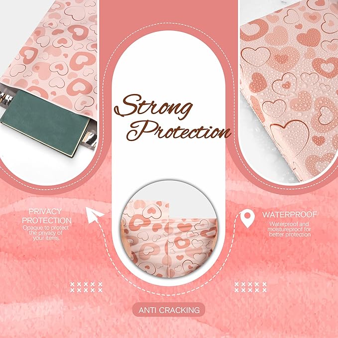 Pink Heart Poly Mailer 10x13 Inch 100 Pcs, Waterproof Shipping Bags for Clothing, Tear-Resistant Mailier Bags, Strong Mailing Bags with Self-Seal