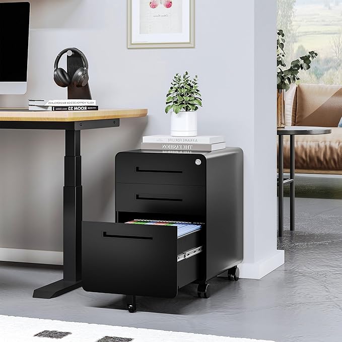 STANI 3 Drawer Filing Cabinet, Metal Filing Cabinet Legal/Letter Size with Lock, Mobile Storage Cabinet for Home and Office, Fully Assembled Except Wheels