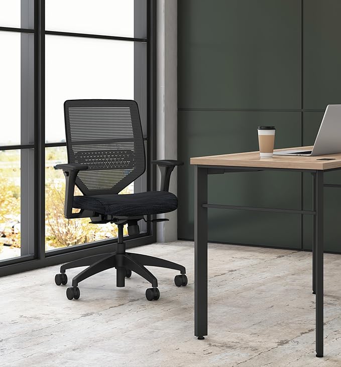 HON Solve Task Chair, Ergonomic Office Chair Mesh Back Support, Adjustable Lumbar, with Wheels, Height-Adjustable Arms, for Computers, Desks, Home Office, Black