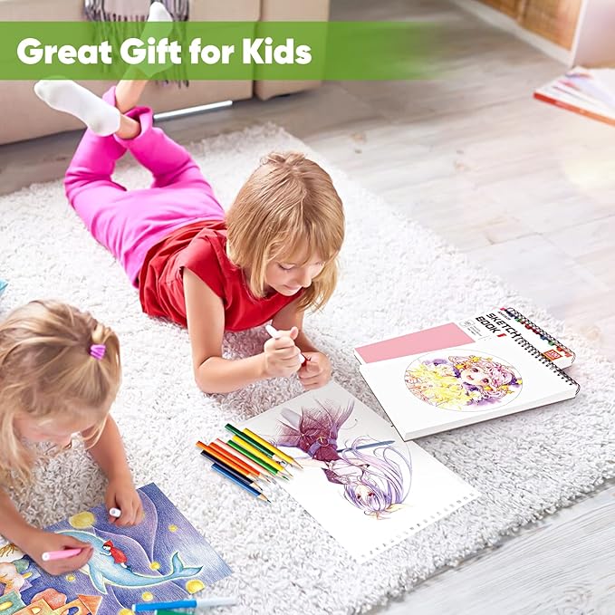 Soucolor Art Supply Set - Sketching & Drawing Kit, 9" x 12" Sketch Book, 2-Pack 100 Sheets Spiral Bound Art Sketchbook, Acid Free