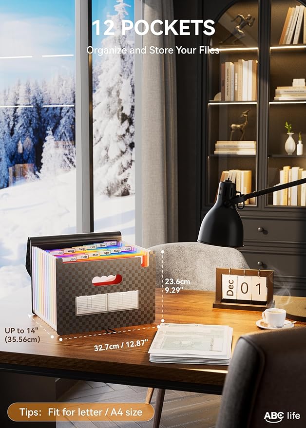 ABC life Accordian File Organizer 12 Pockets,Expanding File Folder/Portable A4 Letter Size Filling Box, Expandable Desktop Accordion Folder, Plastic Paper Document Coupon Organizer with Colored Labels