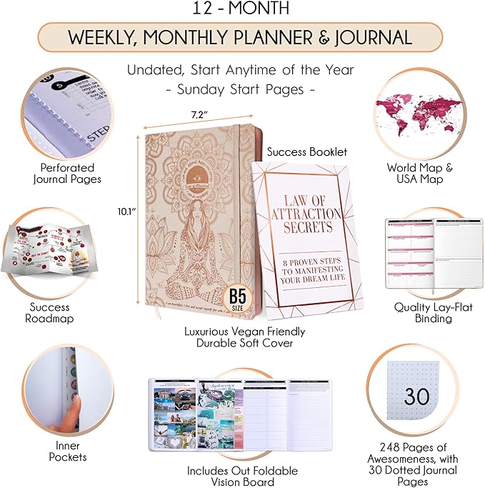 Law of Attraction Planner – Undated Hourly, Weekly & Monthly Goal Setting Planner, 12-Month to Increase Productivity | Life & Gratitude Journal, Include Foldable Vision Board, Gift Box & Stickers