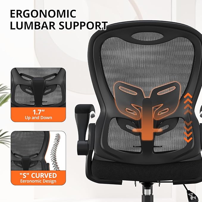 Office Chair, Ergonomic Desk Chair Breathable Mesh Chair with Adjustable High Back Lumbar Support Flip-up Armrests, Long Hours Comfortable Computer Chair for Home Office, Black
