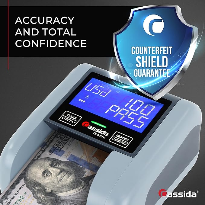 Cassida Quattro Fast Automatic Currency Counterfeit Detector with Advanced Sensors (UV,MG,IR,MT,Thickness,Size) - All-Orientation Feeding - Rechargeable Battery - 3.5" Value & Pass/Fail Display