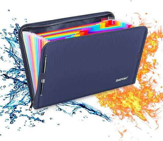 ENGPOW 13 Pocket Expanding File Folder,Fireproof Accordion File Folder Document Organizer with Zipper Closure,Portable Filing Organizer Safe with Colorful Tabs for A4/Letter Size Paper,Files(Blue)