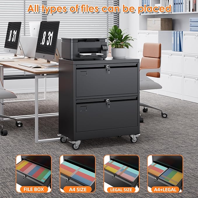 Aobabo Metal 2 Drawer Lateral File Mobile Cabinet with 2 Lock, Flie Cabinet with Wheels and Adjustable File Bars for Office,Home, for Letter/Legal Size, Black, Assembly Required